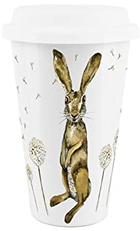 Taza de viaje de cerámica reutilizable – liebres y dientes de león – tapa de silicona de doble pared aislada bebidas calientes/frías taza de regalo para té y café