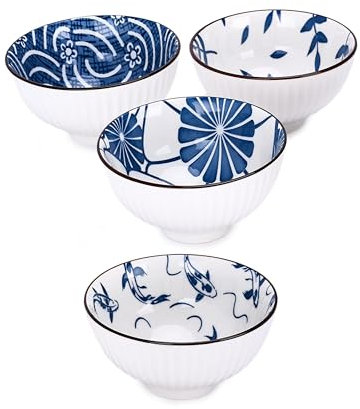 Kirosaku Japanische Reisschalen, 4er-Set, blaues Keramikgeschirr, orientalisches tiefes Geschirr-Set, Servierschalen für Miso- oder Nudelsuppe, Hochtemperatur-Brennen – Geschenk-Set – H 6,1 x L 11,4 x