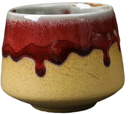 CAPIJIONG Tasse à thé rétro japonaise en céramique transformable en céramique pour bureau, maison, restaurant, café, maison de thé, tasse cylindrique, fond jaune et bord rouge, 210 ml