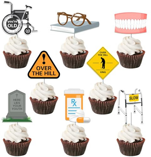 JOYMEMO 36 Pieces Over The Hill Cupcake Toppers, Old Age Cake Decorations, Funny Over The Hill Birthday Decor, Old People Retirement Party Supplies