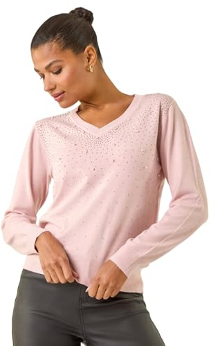 Roman Sparkly Jumper for Women UK - Ladies Sweater Smart Casual Lightweight V Neck Knitwear Knitted Knit Top Winter Office Work Shiny Glitter Party Going Out Sequin - Pearl Sparkle Pink - Size 12