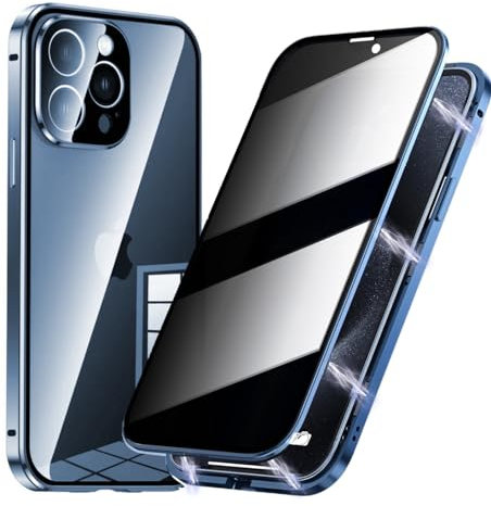 Astter Privacy Case for iPhone 15 Pro Magnetic Phone Case,Anti Spy screen Protector+Lens Protector 360 Degree Magnetic Adsorption Metal Bumper for iPhone 15 Pro Anti-Peeping Cover-Blue