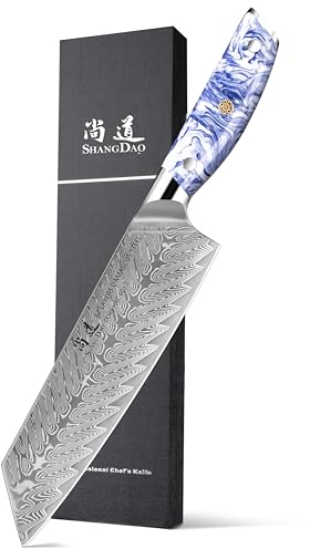 SHANGDAO Coltello da chef Kiritsuke da 8 pollici, Coltello da cucina per affettare in acciaio di Damasco forgiato con manico in resina blu e bianca - Codolo completo - Serie HUA