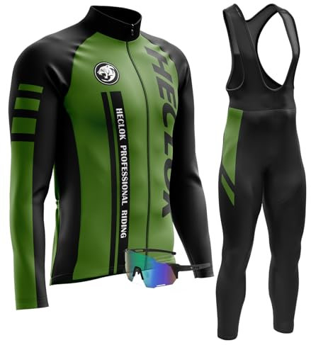 Uomo Ciclismo Autunnale Complet Abbigliamento Ciclismo Set Manica Lunghi Tuta Ciclismo+Pantaloni Ciclismo con 9D Imbottitura in Gel+Occhiali Antivento da Ciclismo (TYP-3,L)