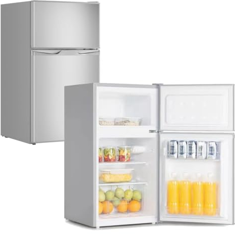 YUNA Kühl-Gefrierkombination GK85E-IX | 85cm Höhe | Inox-Look | 84 Liter Nutzinhalt |4*Gefrierfach 25 L | LED-Beleuchtung | Single/Büro Kühlschrank | 2 Böden | 2 Türfächer (Effizienz E)