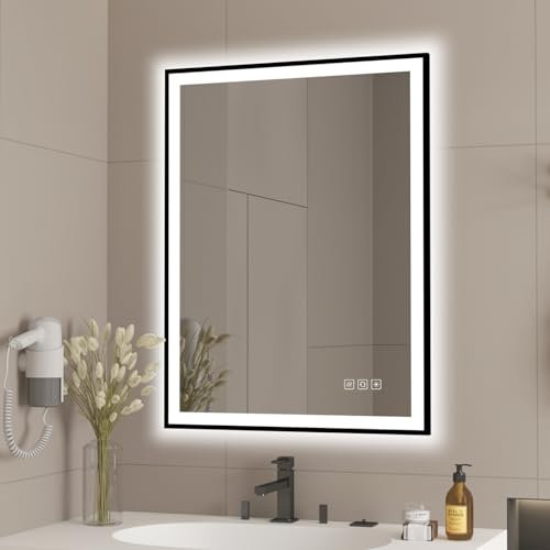 furduzz 600x800mm Bathroom Mirror with LED Lights, LED Bathroom Mirror with Black Frame, Wall Mounted Bathroom Vanity Mirror with Backlit Lights, Dimmable, Anti-Fog, Shatter-Proof, Memory, 3 Colors