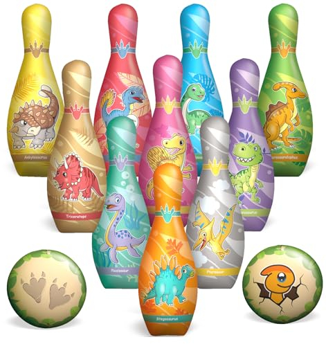 STAY GENT Kegelspiel mit 10 Kegel und 2 Bälle, Dinosaurier Weich Bowlingkugel für Kinder Drinnen Draußen, Bowling Ball Set Geschenke für 3 4 5 6 Jahren Kinder Geburtstag Weihnachten