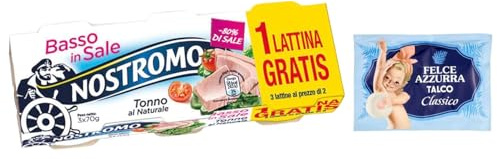 5er-Pack Nostromo Thunfisch Tonno al Naturale Basso in Sale,Natürlicher Thunfisch,Salzarm,3x70g Dose + 1er-Pack Kostenlos Felce Azzurra Talkumpuder, 100g-Beutel