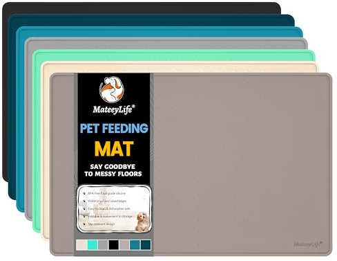 MateeyLife Tapis Gamelle Chien et Chat, Silicone Tapis Gamelle Chat, Tapis de Nourriture pour Animaux Antidérapant et Imperméable, 46x31cm, Taupe