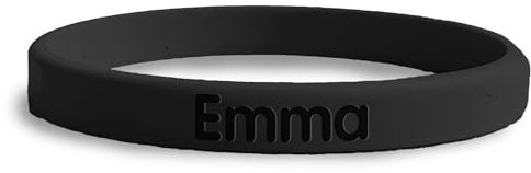 Stellasticker - Braccialetto fino in silicone personalizzabile con nome e numero di telefono. Sicurezza fuori casa, al mare, in gita e al parco. Diverse misure e colori. No inchiostro. (Nero)