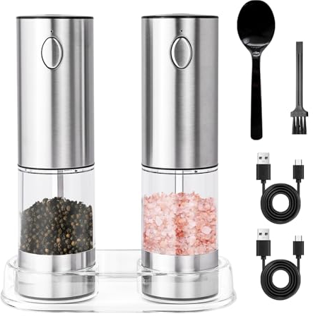 HIGSPE 95ml Salz und Pfeffermühle Elektrisch 2er Set, Einstellbare Grobheit Keramikmahlwerk mit LED Beleuchtung, Reinigungsbürste Bürste, Löffel, Wiederaufladbar Edelstahl Gewürzmühle Elektrisch