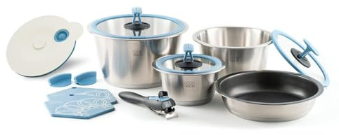 cookvision nesto stapelbares Topf- und Pfannenset 13-tlg. Blau, 3 Edelstahltöpfe, Spülmaschine, Induktion, Backofen, Antihaftpfanne, abnehmbarer Griff, 4 Deckel, für Paare, Camping, Reisen