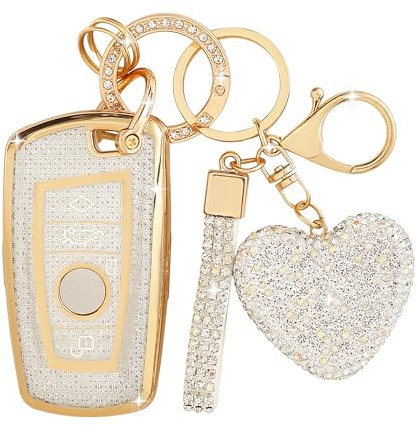 Simocky Coque de clé de voiture avec porte-clés diamant, pour femme, compatible avec BMW X1 X3 X4 X5 X6 1 2 4 5 6 7 M3 M5 M6 GT3 GT5 G30 F10 F15 F16 F20 Protection (3 boutons, cœur argenté)