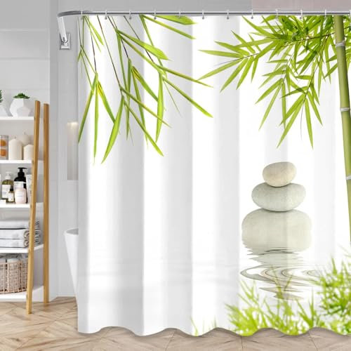 LIZXJY Rideaux de Douche Zen en Bambou Vert, Pierres de Spa et Plante de Bambou, Rideau de Bain en Tissu Polyester avec Crochets, décor de Salle de Bain 120x150cm