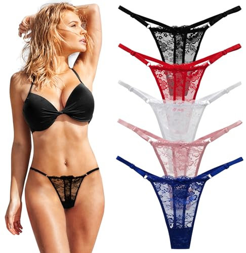 FUIPVGI 5 Pezzi Perizoma Donna, Vita Bassa G-String Lingerie Donna, Perizoma Donna in Pizzo, T Indietro Perizoma Slip, Mutande Senza Cuciture Pacco Set, Lingerie Sexy da Donna (5 Colori, Taglia unica)