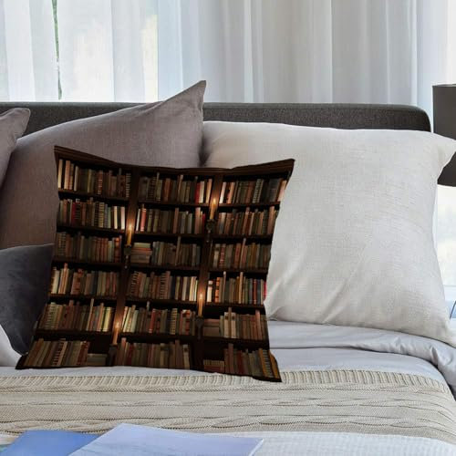 EMCLKS Designs Kissenbezug Männer/Frauen/Jungen/Mädchen Wohnzimmer Schlafzimmer Sofa Stuhl Kissenbezüge,Vintage-Bibliotheksbücher auf Retro-Regal mit Kerzen Ordentliches Bücherregal,40x40cm