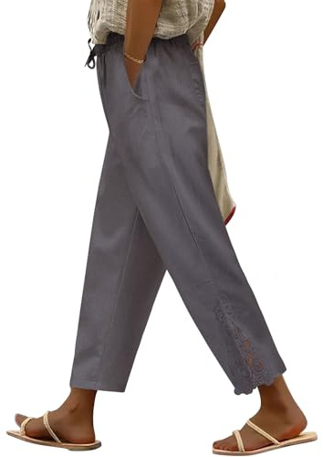 UMIPUBO Womens Trousers Summer 7/8 Length Cotton Lightweight Trousers Ladies Elasticated Waist Pants Beach Bottoms Trousers Ankle Tapered Casual Drawstring Work Holiday (Grey, XL)