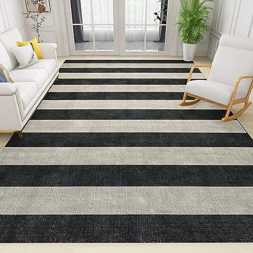 Teppich im Vintage-Stil, schwarz-weiß gestreift, modern, rutschfest, groß, weich, für Wohnzimmer, Esszimmer, Eingangsbereich, 140 x 200 cm