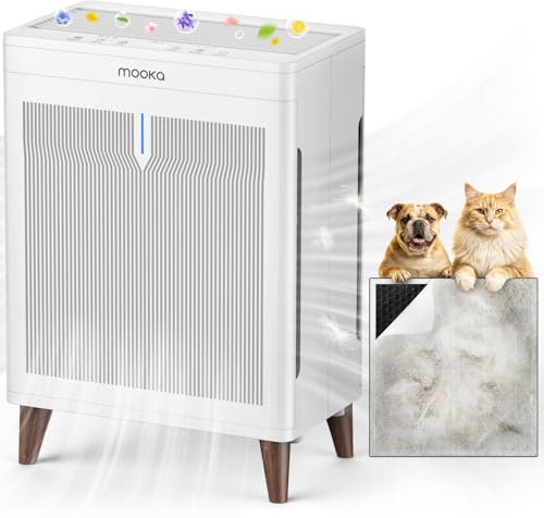 MOOKA Air Purifiers for Home Bedroom Large Room 3000 Ft², Double-Sided HEPA Air Cleaner with Washable Pre-Filter, PM2.5 Air Quality Monitor, Auto Mode, 20dB Air Filter for Pets Hair Odor Dust, HKB320F