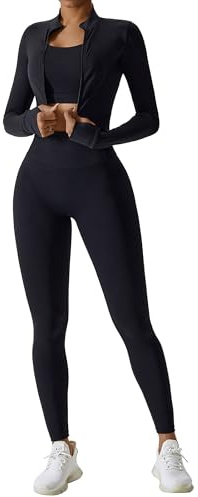 IDOPIP Sport-Set Damen 3-teilig mit Sportjacke: UV-Schutz Gym Set Laufjacke mit Daumenschlaufen + Leggings + Sport BH - Sportkleidung für Fitness, Yoga und Pilates