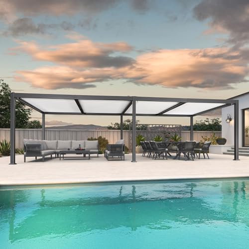 Pergola bioclimatique en aluminium 8,5 x 3,5 m avec toit à persiennes réglable gris et poteaux blancs Auvent de jardin contemporain pour terrasse et espaces extérieurs