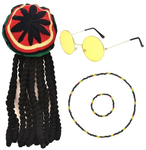 TUONYIS 4-teiliges Rasta-Set, Reggae-Kostüm-Zubehör, karibisches Rasta-Kostüm-Set, jamaikanische geflochtene Dreadlocks-Perücke, gelbe Brille, Armband, Halskette, für Halloween, Cosplay, Maskerade