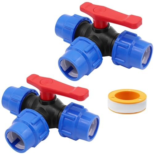 PP-Fitting 3-Wege-Kugelhahn T-Stück – Klemmverbinder für PE Rohr 25mm, aus hochwertigem PP, kompatibel mit für Gardena T Stück, Kugelhahn für Wasserleitung Kunststoff
