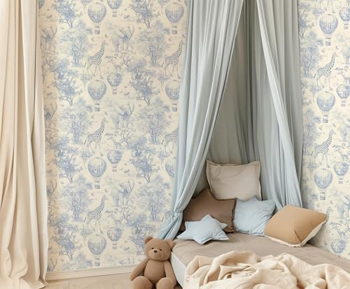 RollsRolla Blue Animal Jungle Forest Self-Adhesive Wallpaper Peel and Stick Wallpaper Design for Boys and Girls Room Toile Botanical Elephant Wallpaper for Bathroom or Living Room (Blue)