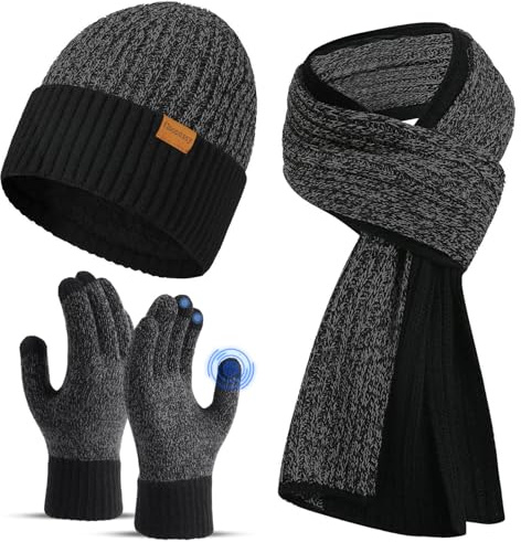 floconssy Men's Winter Beanies Hats Scarf Gloves Sets, 3 PCS Warm Fleece Lined Hat Thermal Long Scarf Touchscreen Gloves for Cold Weather Black Grey