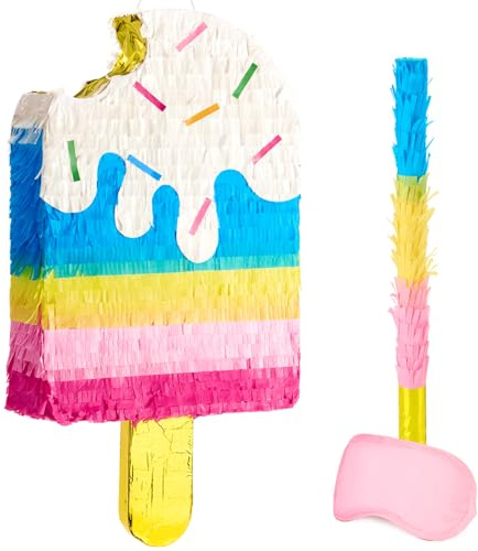 WERNNSAI Eiscreme Pinata – Eis Deko Pinata Geburtstag Mädchen Kinder Regenbogen Eiscreme Cones Piñata mit Stock Augenbinde Eis Geburtstagsparty Gefüllt Piñata Dekoration Lustig Süßigkeiten Spiele