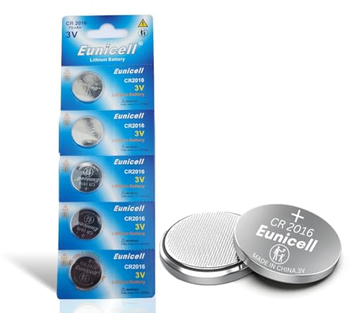 Eunicell - 5 x CR2016 3V Lithium Coin Battery/Button Cell Battery - Suitable for use in LED lights, Digital Voice Recorders, Toys, Blood Glucose, Cholesterol Testing, Meters, Toys