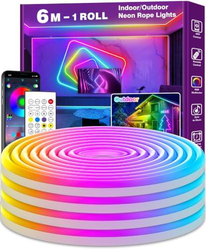 NUERPO LED 6M Neon Rope Lights, Flexible LED Cord Lights Controlled with App/Remote, IP65 Outdoor RGBWaterproof, Music Sync Led Neon Light Strip for Bedroom Decoration