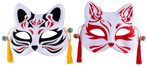 TOYANDONA Masque de Cosplay Chat Demi-visage Japonerie 2 Pièces Style Kitsune et Renard, Accessoires Masque pour Fête et Bal Masqué, Matériau Léger, Confortable à Porter, Soirée Cosplay