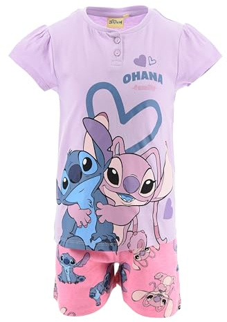 Disney Stitch Pyjama für Mädchen, 2 Teiliges Set kurz T-Shirt und Shorts, Größen 3 bis 8 Jahre Sommer Pjs Schlafanzug Freizeitanzug 100% Baumwolle