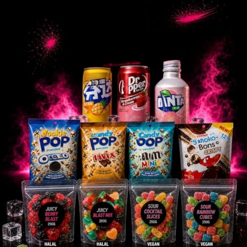 Sweets & Drinks Box Snack Box Geschenkset mit internationalen Süßigkeiten | Internationale Süßigkeiten & Getränke, Candy Snacks, Softdrinks, Geschenk Idee