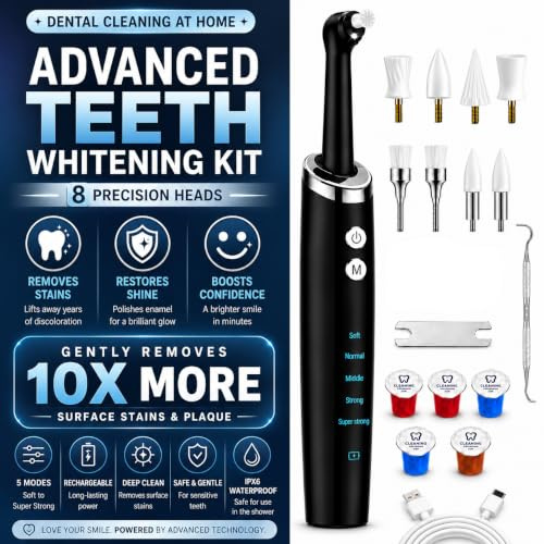 Electric Tooth Polisher, Plaque Remover for Teeth, Tooth Stain Tartar Remover, Teeth Cleaner, Dental Cleaning Kit for Tooth Whitening, 5 Modes, Rechargeable & LED Light (Black)