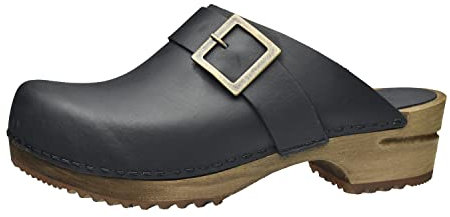 Sanita Urban Offener Clog | Original handgemacht | Leder-Holzclogs für Damen | Schwarz | EU 36