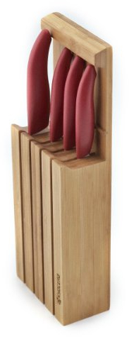 KYOCERA Lot de 4 couteaux en céramique avec manche rouge + couteaux + planche à découper dans un coffret cadeau de Noël