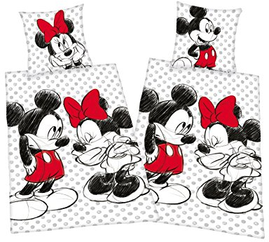 Herding Mickey + Minnie Mouse Partner Bettwäsche Doppelpack 80x80cm 135x200cm, 100% Baumwolle mit Reißverschluss