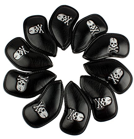 Craftsman Golf 10pcs Black Skull Thick Pu Synthetic Leather Golf Iron Head Covers Set Headcover Skull Fit All Brands Callaway, Ping, Taylormade, Cobra Etc.