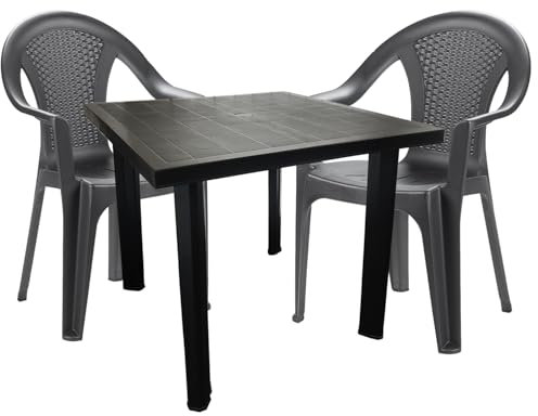 Mojawo® Bistrogarnitur 3-teilig Bistrotisch Kunststoff Eckig 80x75cm H72cm + 2 Stapelstühle Kunststoff Anthrazit