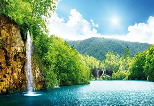 Forwall - Vlies Fototapete Wald Wasserfall Natur Bäume Landschaft See 368x254 cm - Fototapeten - Tapeten - für Wohnzimmer Schlafzimmer - Vliestapete Wandtapete Tapete 3D Effekt- inkl. Kleister