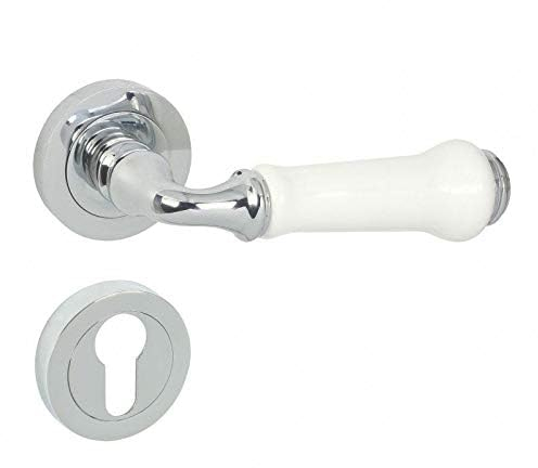 domino Türgriff Drückergarnitur PZ - Profilzylinder Set | Rund-Rosette | Türklinke für Zimmertür, Bürotür, Kellertür & Innentür | Türbeschläge aus Edelstahl mit weißer Keramikeinlage | LUDWIK-R M6