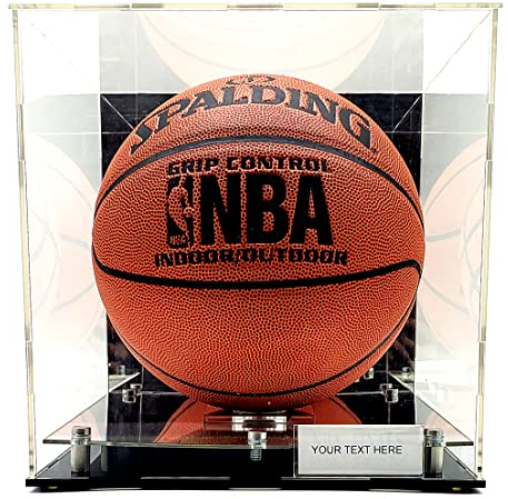 Basketball-Vitrine aus Acryl in voller Größe, quadratisch, Andenken, UV-Schutz, Riser, Spiegel, staubdicht, mit Namensschild