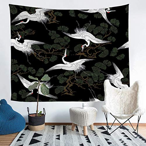 Tbrand Tapisserie Wandteppich japanischen Stil 130x150cm Exotische Tierkiefer Wandbehang Japanischer Vogel Grün Schwarz Schlafzimmer Dekor Wandtuch
