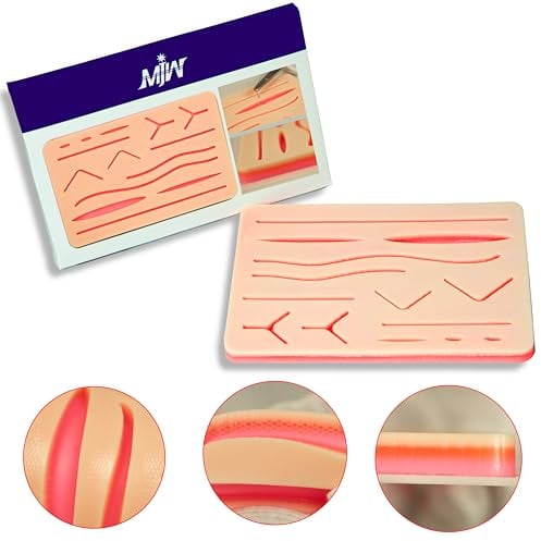 MJW Nahtpolster – Silikon Haut Suture Übung pad mit 3 Schichten, 14 vorgeschnittenen Wunden unterschiedlicher Art und Tiefe – Ideal für Nahtpraxis für Studierende