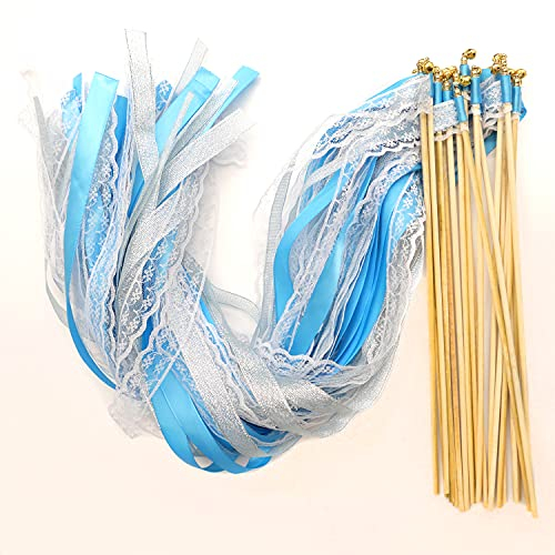 Lot de 30 baguettes magiques de mariage avec cloches - Serpentins en soie - Pour mariage, fête, fête prénatale, anniversaire, vacances, Noël, bleu