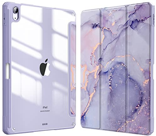 Fintie Hybrid Hülle für iPad Air 11 Zoll M3 2025/ M2 2024, iPad Air 5/4 Gen (2022/2020) 10,9 Zoll mit Stifthalter - Stoßfeste Schutzhülle mit transparenter Hartschale auf der Rückseite, Lila Marmor