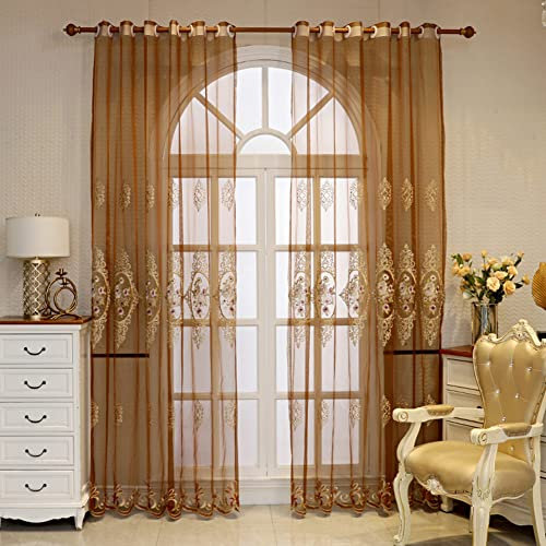 Lsimeru Retro Floral Gardine Transparent Ösen Braun Stickerei Rose Romantisch 2er Set Vorhäng Halbtransparent Gemustert Voile Ösenschal Fensterschal Schlafzimmer Wohnzimmer,140x145