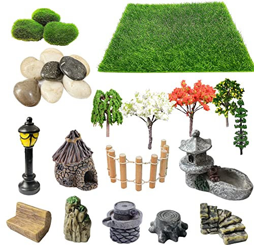 Cayway 26 Stück Outdoor Fairy Garden Miniaturen Mini Zen Garten Zubehör, künstliches Gartengras, Modellbäume, Terrarium-Ornamente, Puppenhausbedarf, Bonsai dekoratives Bastelwerkzeug-Set